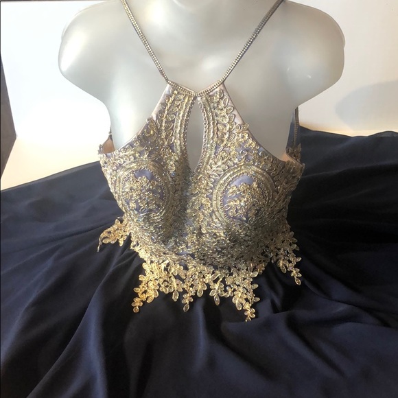 navy blue and gold cocktail dress